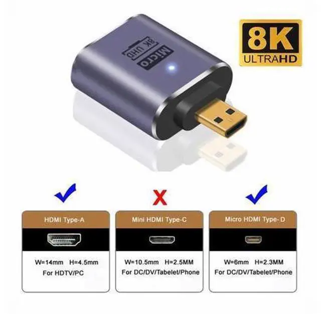 Alt view image 3 of 7 - Micro HDMI Male to HDMI 2.1 Female UHD Extension Gold Converter Adapter Support 8K 60hz HDTV