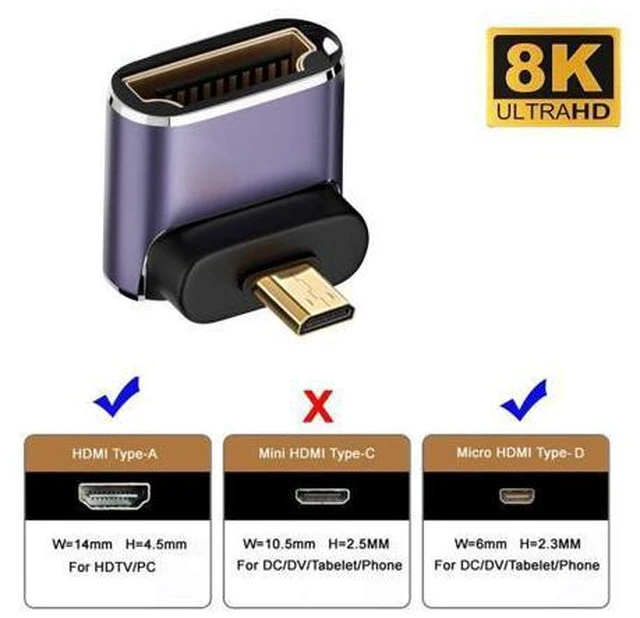 Alt view image 4 of 7 - HKCY Down Angled Micro HDMI Male to HDMI 2.1 Female UHD Extension Gold Converter Adapter Support 8K 60hz HDTV