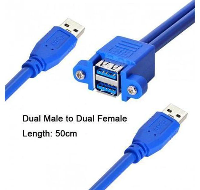 Alt view image 6 of 7 - HKCY U3-104 Combo Dual USB 3.0 Male to Stackable Female Extension Cable 50cm with Screw Panel Mount Holes