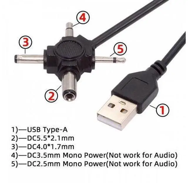 Alt view image 7 of 7 - USB 2.0 Type-A Male to 4-in-1 DC 5V 5.5x2.1mm 4.0x1.7mm Mono 3.5mm 2.5mm Power Plug Barrel Connector Charge Cable