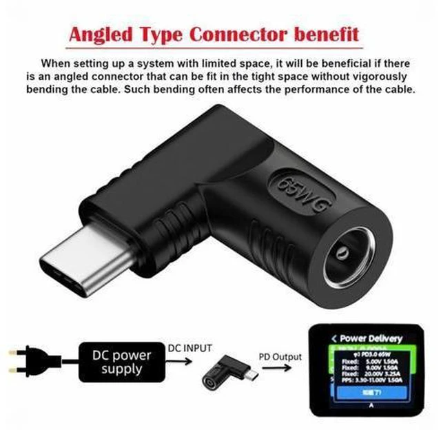 Alt view image 2 of 7 - 65W PD DC Power Jack 5.5x2.1mm Input to Type-C USB-C Angled 90 Degree Power Plug Charge Adapter for Laptop Phone