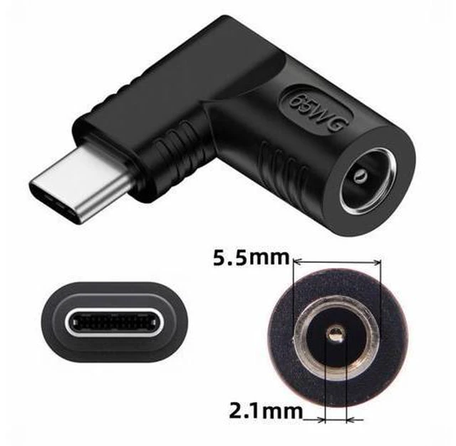 Alt view image 3 of 7 - 65W PD DC Power Jack 5.5x2.1mm Input to Type-C USB-C Angled 90 Degree Power Plug Charge Adapter for Laptop Phone