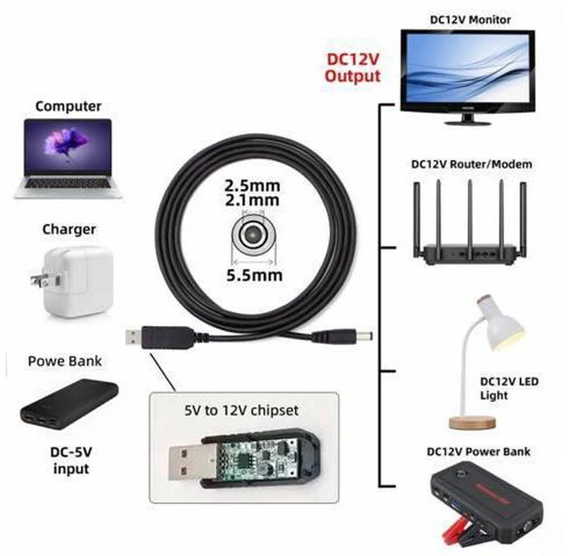 Alt view image 3 of 7 - USB 2.0 Type-A DC5V to DC12V 5.5x2.1mm 5.5x2.5mm Voltage Riser Boost Power Plug Barrel Connector Cable 100cm
