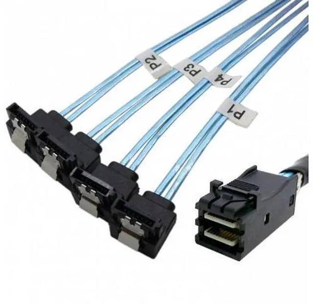 Alt view image 7 of 7 - SM Internal Mini SAS SFF-8643 Host to Angled 4 SATA Target Hard Disk 6Gbps Data Server Raid Cable 1m