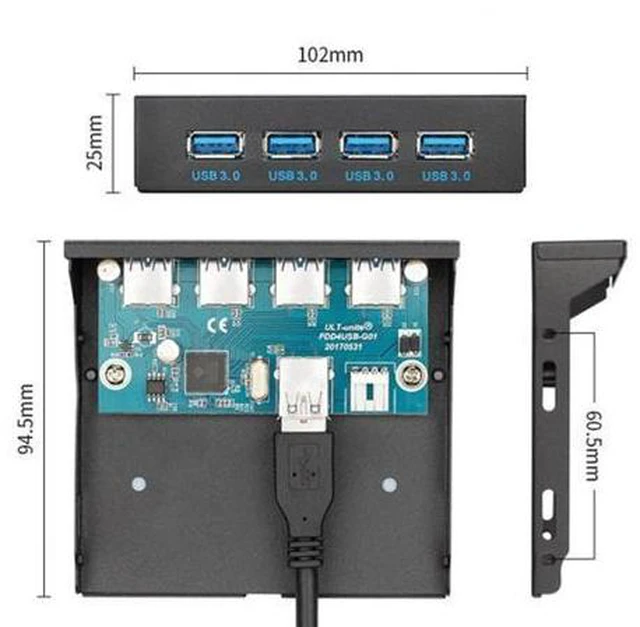 Alt view image 4 of 5 - USB 3.0 HUB 4 Ports Front Panel to Motherboard 20Pin Connector Cable for 3.5" Floppy Bay U3-109