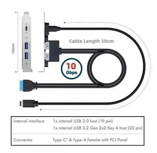 Alt view image 2 of 7 - Cable 10Gbps USB3.0 Motherboard 19/20Pin & Type-E to USB-C Type-C & USB 3.0 Dual Ports Female PCI-E Back Panel 5Gbps Cable