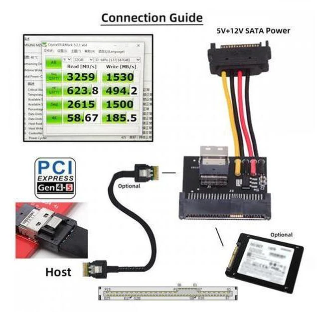 Alt view image 4 of 7 - SFF-8654 Slimline Female Host to U.2 U.3 SFF-8639 NVME PCIe PCI-Express SSD Adapter for Mainboard
