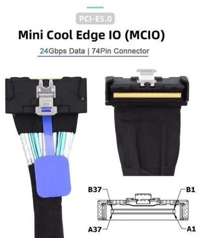 Alt view image 4 of 7 - PCI-E 5.0 Mini Cool Edge IO MCIO Angled PCI-E Slimline SAS 8i 74Pin Male to MCIO 74Pin Male Extender Cable 35cm