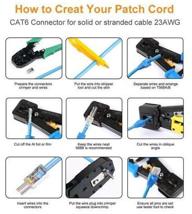 Alt view image 4 of 7 - Cat6 Connectors, Cat6 RJ45 Ends 50-Packs, Cat6 / Cat5e / Cat5 RJ45 Connectors, Ethernet Cable Crimp Connectors UTP Network Plug for Solid Wire and Standard Cable (Transparent)