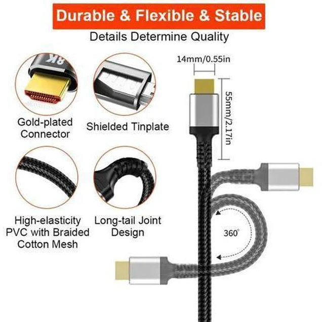 Alt view image 5 of 6 - 8K HDMI Cable High Speed Ultra Digital Braided HDMI 2.1 cable 8K@60Hz 4K@120Hz 48Gbps HDR for Laptop PS4 TV Projectors Monitor(1M)