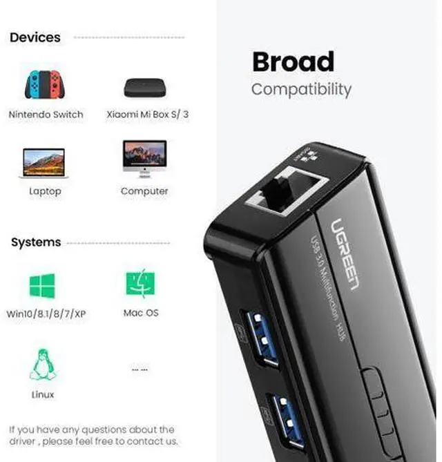 Alt view image 4 of 7 - Ugreen USB Ethernet Adapter Hub USB 3.0 to RJ45 Lan 10/100/1000M Network Card for Xiaomi Mi Box 3/S USB Lan For Macbook
