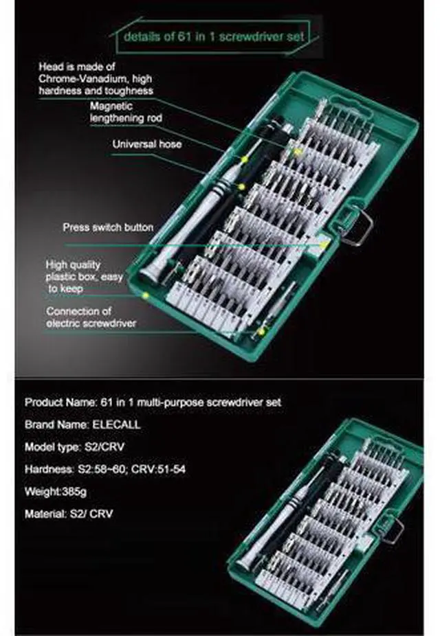 Alt view image 2 of 7 - ELECALL CRV Material 61 in 1 screwdriver Bit Magnetic Driver Kit Precision Screwdriver set Hand Tools for Phone Electronics Repair Tool Kit