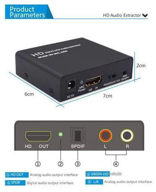 Alt view image 5 of 7 - HD 2.0 Audio Extractor Support 4K 60Hz YUV 4:4:4 and HDR HD to Optical SPDIF Analog RCA L/R 3.5mm Converter