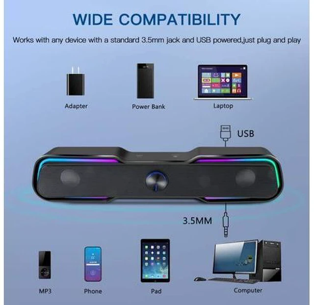 Alt view image 5 of 7 - Computer Speakers,ARCHEER PC RGB Gaming Speakers Wired Computer Soundbar Bluetooth 5.0 USB Powered Desktop Speakers with Stereo Bass LED Light for Desktop PC Laptop Tablet Smartphones (10W/Black)
