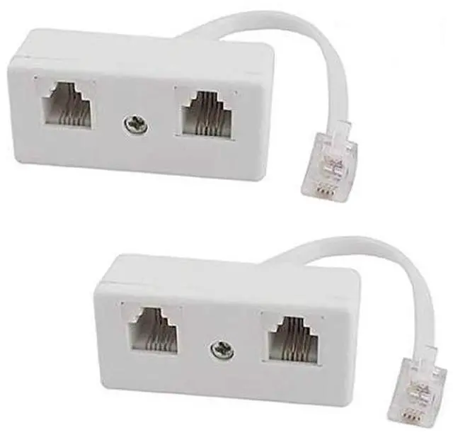 Main image of 2 Pack White Plastic Telephone Line Splitter RJ11 2 Way Female to Male Adapter Converter Cables, RJ11 US Telephone Plug to RJ11 for Landline