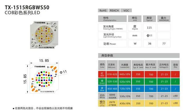 Alt view image 2 of 2 - TX-1515RGBWS50 RGBWW 5-in-1 COB LED Chip 50W Size 15.85mm High Power Stage Lighting Source