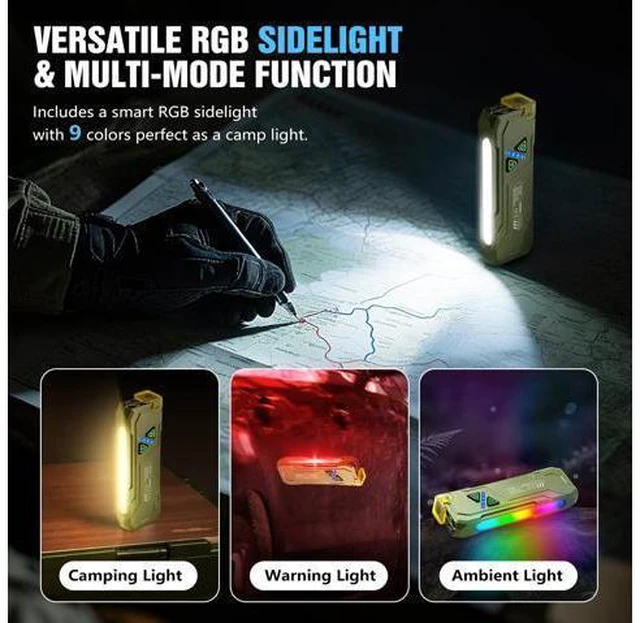 Alt view image 2 of 7 - EDC Rechargeable Flat Flashlight 1000 Lumens White LED/UV/RGB Ambient Signaling Flashlights, Magnetic Clip on Pocket Light for Outdoors, Emergency, Working (1, Green, Compact)