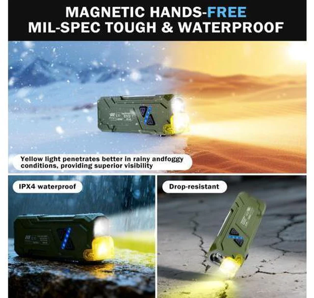 Alt view image 6 of 7 - EDC Rechargeable Flat Flashlight 1000 Lumens White LED/UV/RGB Ambient Signaling Flashlights, Magnetic Clip on Pocket Light for Outdoors, Emergency, Working (1, Green, Compact)
