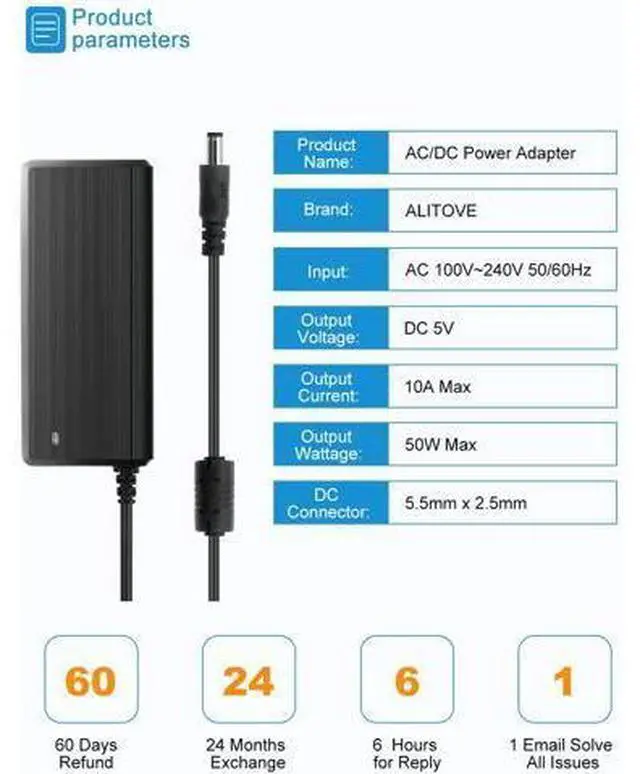 Alt view image 5 of 7 - 5V 10A Power Supply Adapter AC/DC Converter 100-240V AC to DC 5 Volt 50W 10Amp 9A 8A 7A 2A Transformer with 5.5x2.5mm Plug?for WS2812B WS2813 WS2811 W2813 SK6812 LED Strip Pixel String Light - OEM