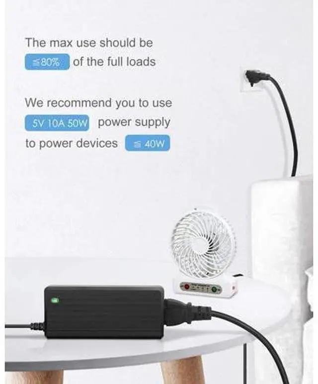 Alt view image 7 of 7 - 5V 10A Power Supply Adapter AC/DC Converter 100-240V AC to DC 5 Volt 50W 10Amp 9A 8A 7A 2A Transformer with 5.5x2.5mm Plug?for WS2812B WS2813 WS2811 W2813 SK6812 LED Strip Pixel String Light - OEM