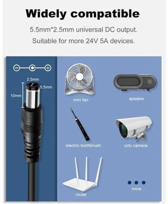 Alt view image 5 of 6 - 24 Volt 5 Amp Power Adapter 24V 5A Power Supply Adapter 100-240V 50-60Hz AC to DC Converter 24V 5A Power Supply with 5.5mm X 2.5mm DC Tip for LED Strip Light 3D Printer DC Pump etc.