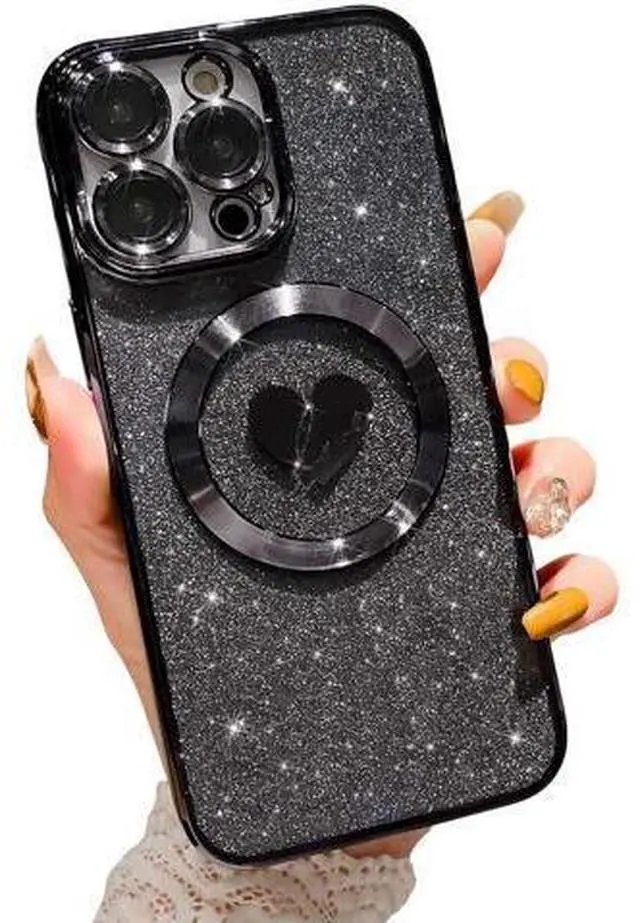 Main image of Compatible with iPhone 15 Pro Max 6.7 Inch Case with Magsafe, Plating Heart Glitter Magnetic Case for Women Girl TPU Camera Protection Back Cover for iPhone 15 Pro Max Black