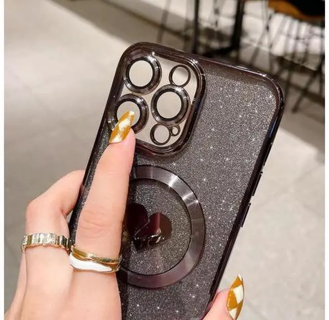 Alt view image 3 of 7 - Compatible with iPhone 15 Pro Max 6.7 Inch Case with Magsafe, Plating Heart Glitter Magnetic Case for Women Girl TPU Camera Protection Back Cover for iPhone 15 Pro Max Black