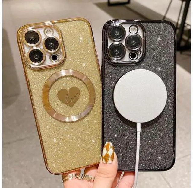 Alt view image 4 of 7 - Compatible with iPhone 15 Pro Max 6.7 Inch Case with Magsafe, Plating Heart Glitter Magnetic Case for Women Girl TPU Camera Protection Back Cover for iPhone 15 Pro Max Black