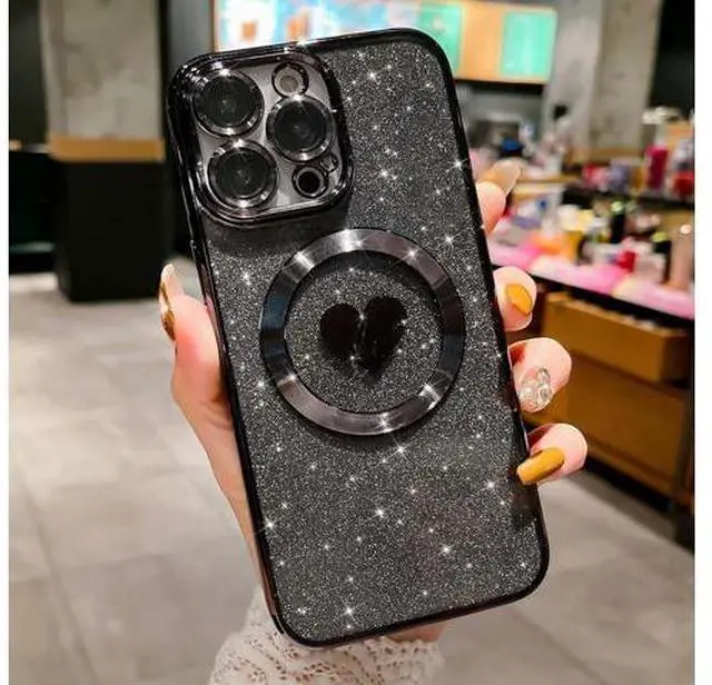 Alt view image 7 of 7 - Compatible with iPhone 15 Pro Max 6.7 Inch Case with Magsafe, Plating Heart Glitter Magnetic Case for Women Girl TPU Camera Protection Back Cover for iPhone 15 Pro Max Black