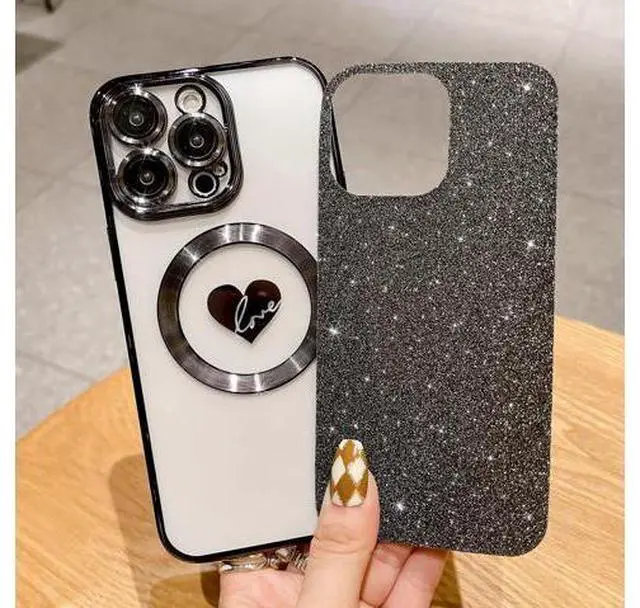 Alt view image 2 of 7 - Compatible with iPhone 15 Pro Max 6.7 Inch Case with Magsafe, Plating Heart Glitter Magnetic Case for Women Girl TPU Camera Protection Back Cover for iPhone 15 Pro Max Black