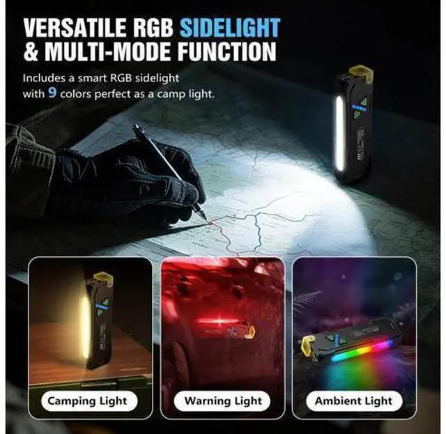 Alt view image 2 of 7 - EDC Rechargeable Flat Flashlight 1000 Lumens White LED/UV/RGB Ambient Signaling Flashlights, Magnetic Clip on Pocket Light for Outdoors, Emergency, Working (1, Black, Compact)
