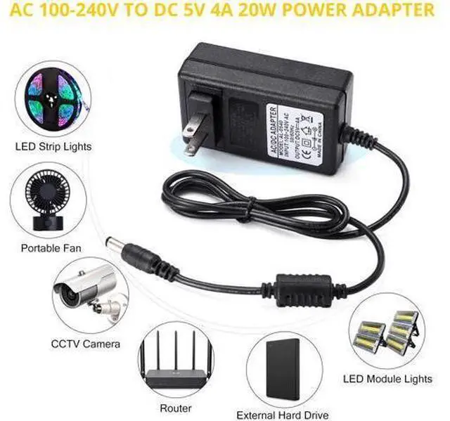 Alt view image 7 of 7 - DC 5V 4A Power Adapter, AC 100-240V to DC 5 Volt 4 Amp 20W Power Supply 5V 4000mA Switching Transformer AC to DC Converter, 5.5x2.5mm DC Jack Also Compatible with 5.5x2.1mm Plug - OEM