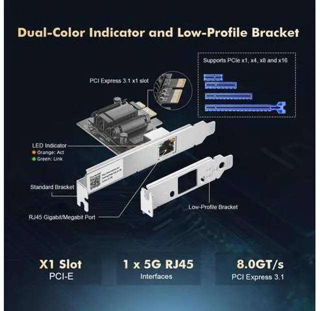 Alt view image 5 of 7 - 5G PCIe Network Adapter, RTL8126 5G/2.5G/1G/100Mbps Binardat Ethernet Card RJ45 LAN Controller with Low Profile, Support PXE for Windows 11/10, Linux