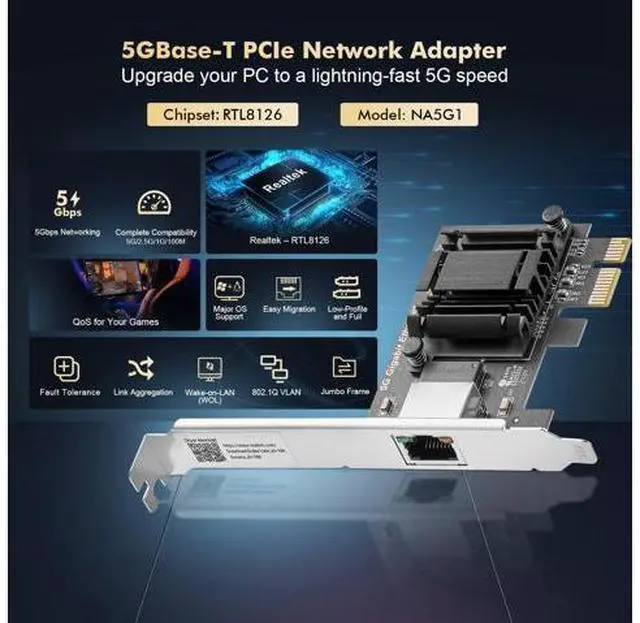 Alt view image 7 of 7 - 5G PCIe Network Adapter, RTL8126 5G/2.5G/1G/100Mbps Binardat Ethernet Card RJ45 LAN Controller with Low Profile, Support PXE for Windows 11/10, Linux