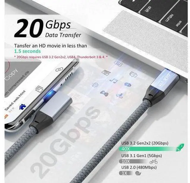 Alt view image 2 of 6 - USB C 3.2 Gen2x2 Cable 100W, 20Gbps Updated 90 Degree Right Angle USB C to C 3.2 Cable, 4K@60Hz Video Cord with E-Marker for Thunderbolt 3/4, Oculus Quest, iMac, MacBook, iPad Pro, Dell XPS (9.9 Ft)