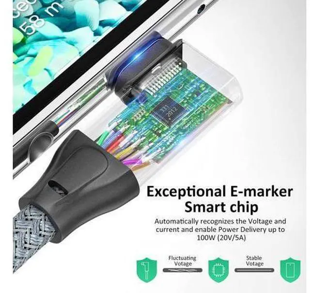 Alt view image 5 of 6 - USB C 3.2 Gen2x2 Cable 100W, 20Gbps Updated 90 Degree Right Angle USB C to C 3.2 Cable, 4K@60Hz Video Cord with E-Marker for Thunderbolt 3/4, Oculus Quest, iMac, MacBook, iPad Pro, Dell XPS (9.9 Ft)