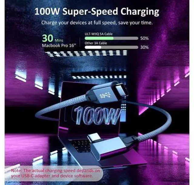 Alt view image 4 of 6 - USB C 3.2 Gen2x2 Cable 100W, 20Gbps Updated 90 Degree Right Angle USB C to C 3.2 Cable, 4K@60Hz Video Cord with E-Marker for Thunderbolt 3/4, Oculus Quest, iMac, MacBook, iPad Pro, Dell XPS (9.9 Ft)