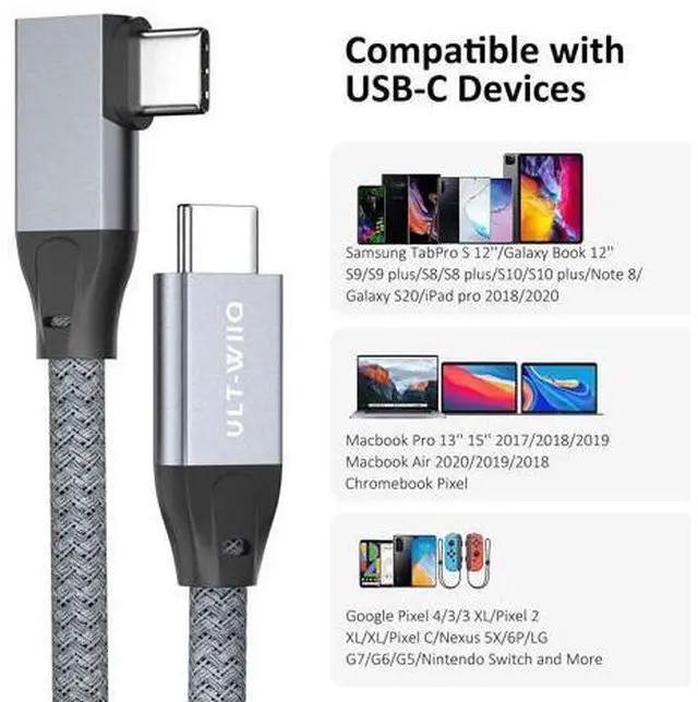 Alt view image 6 of 6 - USB C 3.2 Gen2x2 Cable 100W, 20Gbps Updated 90 Degree Right Angle USB C to C 3.2 Cable, 4K@60Hz Video Cord with E-Marker for Thunderbolt 3/4, Oculus Quest, iMac, MacBook, iPad Pro, Dell XPS (9.9 Ft)