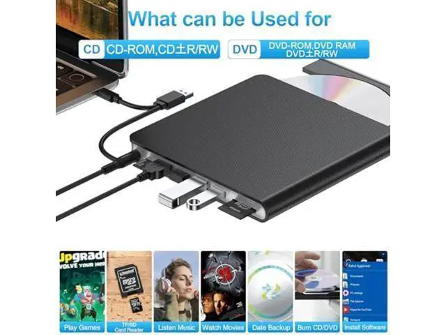 Alt view image 5 of 5 - External CD DVD Drive for Laptop, USB 3.0 CD Burner External DVD Drive Portable DVD Player for Laptop with 4 USB and TF/SD Slots,Slim External CD Drive Compatible with Laptop Desktop Mac Windows Linux