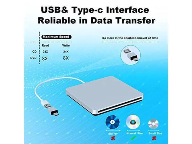 Alt view image 3 of 5 - External DVD Drive, VersionTECH. DVD Player Portable External CD/DVD Drive for Laptop USB Type-C CD DVD +/-RW Drive Player CD ROM Burner Writer Compatible for Apple Mac MacBook iMac Laptop Desktop PC
