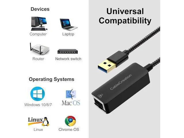 Alt view image 4 of 5 - USB to Ethernet Adapter, CableCreation USB 3.0 to 10/100/1000 Mbps Aluminum RJ45 LAN Network Adapter, Compatible with MacBook, Surface Pro, Laptop, PC, Windows, macOS and More