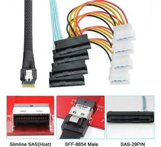 Alt view image 6 of 7 - Slimline SAS 4.0 SFF-8654 4i 38pin Host to 4 SAS 29pin SFF-8482 Target Hard Disk Fanout Raid Cable