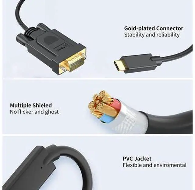 Alt view image 3 of 7 - USB-C to VGA Cable 1.8M (6Ft) Thunderbolt3 Type-C to VGA Cable Adapter Male-to-Male For Projector Monitor Laptop Smartphone