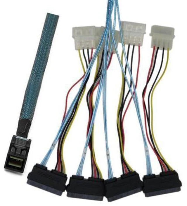 Main image of Internal Mini SAS SFF-8643 to (4) 29pin SFF-8482 Connectors with SATA Power Cable 1M