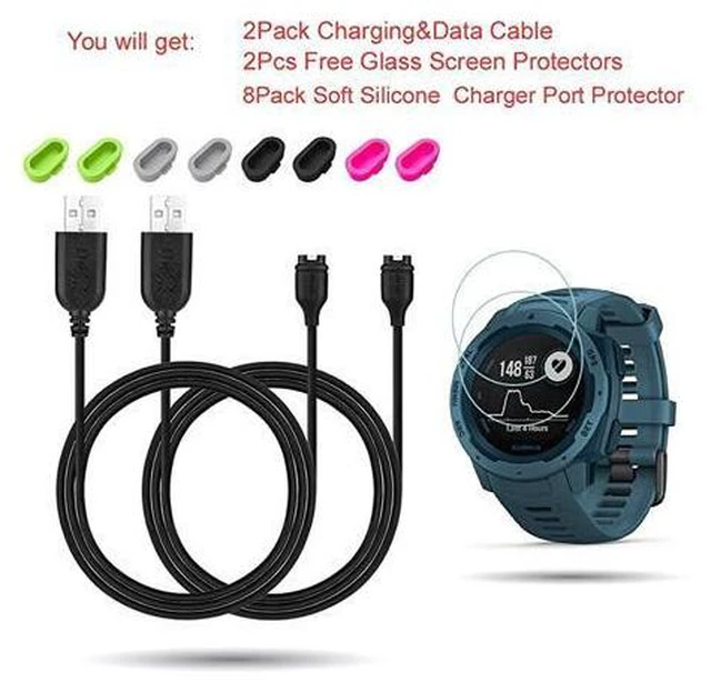 Alt view image 2 of 5 - for Garmin Instinct Charger2PACK Charging Clip Sync Data Cable and 2Pcs HD Tempered Glass Screen Protector and 8Pcs Charger Port Protector for Garmin Instinct Smart Watch