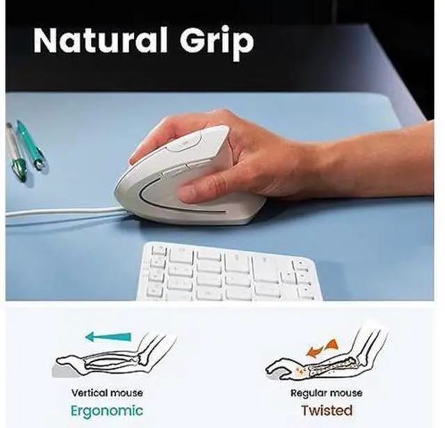 Alt view image 3 of 5 - PERIMICE-513W Wired Ergonomic USB Mouse - 6 Buttons with 1000/1600 DPI - Vertical Right-Handed Design - White