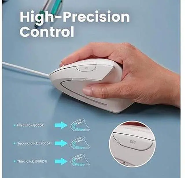 Alt view image 4 of 5 - PERIMICE-513W Wired Ergonomic USB Mouse - 6 Buttons with 1000/1600 DPI - Vertical Right-Handed Design - White