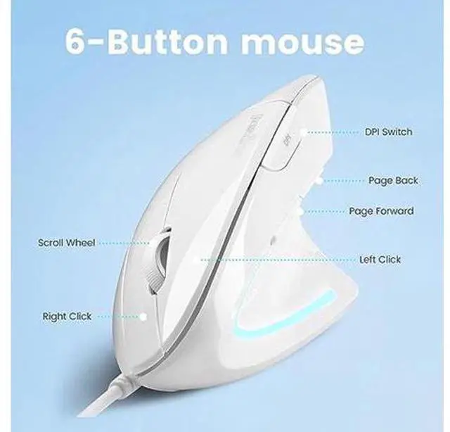 Alt view image 5 of 5 - PERIMICE-513W Wired Ergonomic USB Mouse - 6 Buttons with 1000/1600 DPI - Vertical Right-Handed Design - White