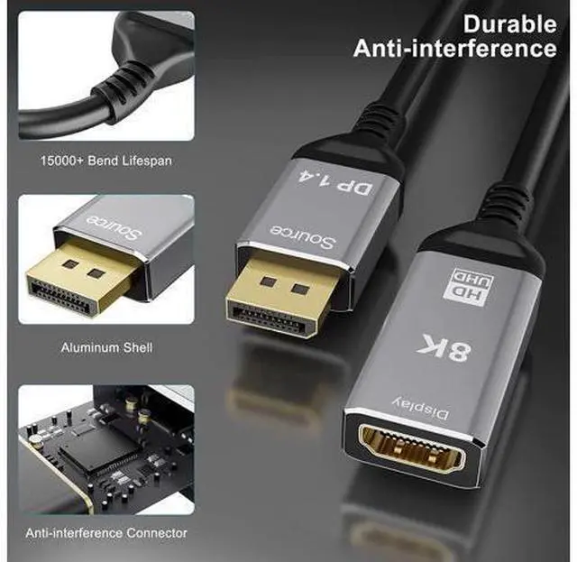 Alt view image 7 of 7 - CableDeconn DisplayPort 1.4 to HDMI 2.1 Ultra HD 8K Male to Female Cable 0.25m Converter 8K@60Hz 4K@120Hz Directional Compatible with DisplayPort PC and HDMI Displays Tvs