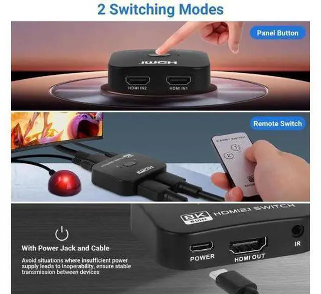 Alt view image 4 of 6 - 8K HDMI Switch Splitter 2 in 1 Out, Bi-Directional Switcher Support 48Gbps 4K@120Hz 8K@60Hz 4K@144Hz for PS5/PS4,HDTV,Xbox,Fire Stick